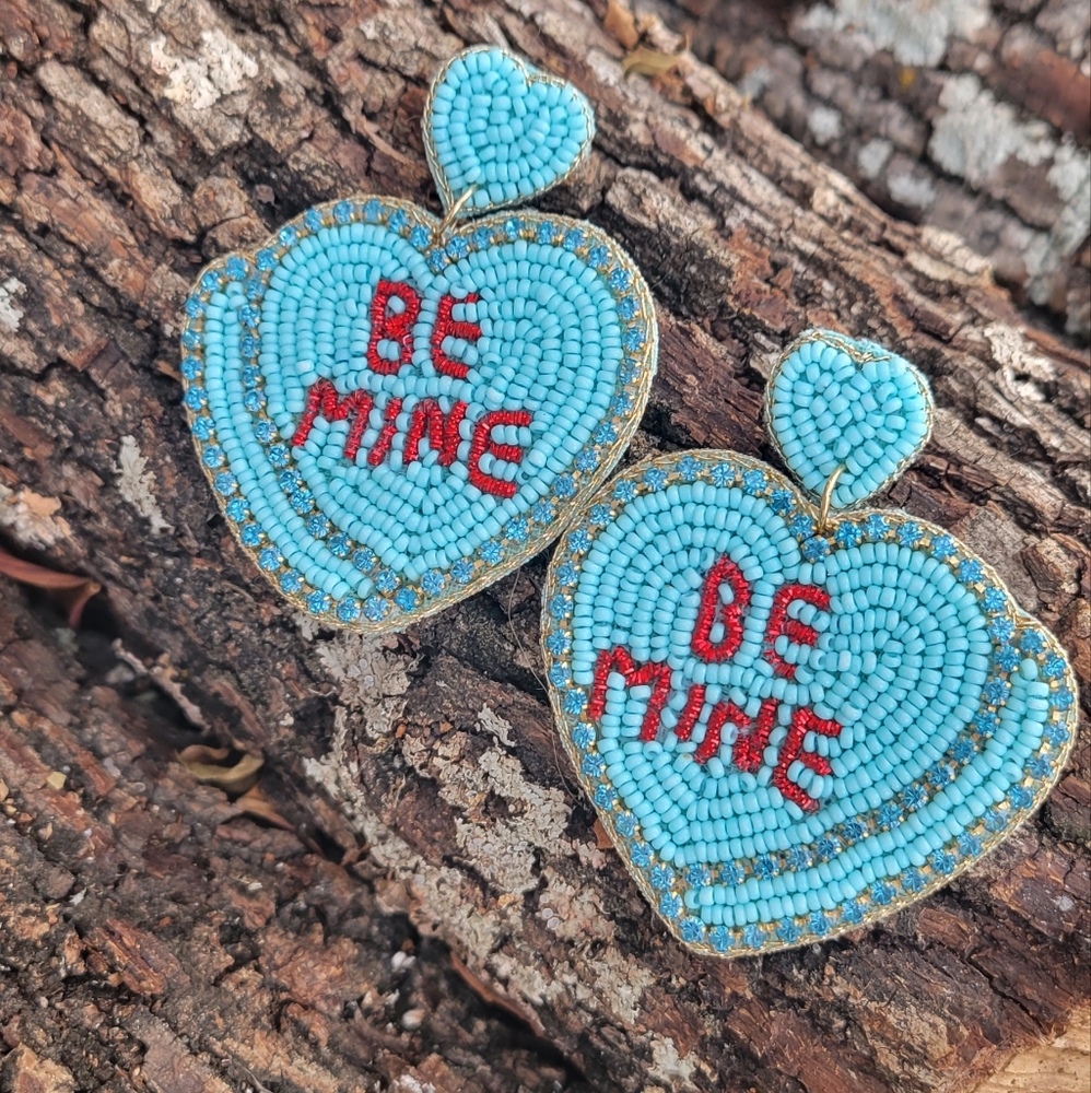 "Be Mine" Turquoise Seed Bead Heart Earrings